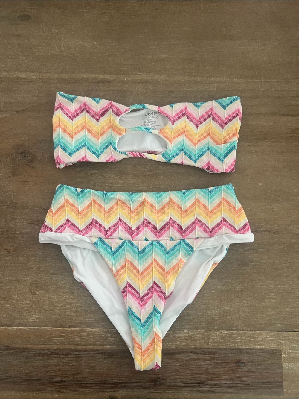 Chevron Bandeau Bikini Set in Pink, Teal & Yellow - Women Swim Bikini